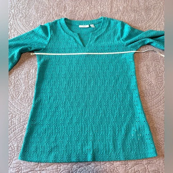 Susan Graver Passport Teal Eyelet Blouse XXS - Picture 4 of 10
